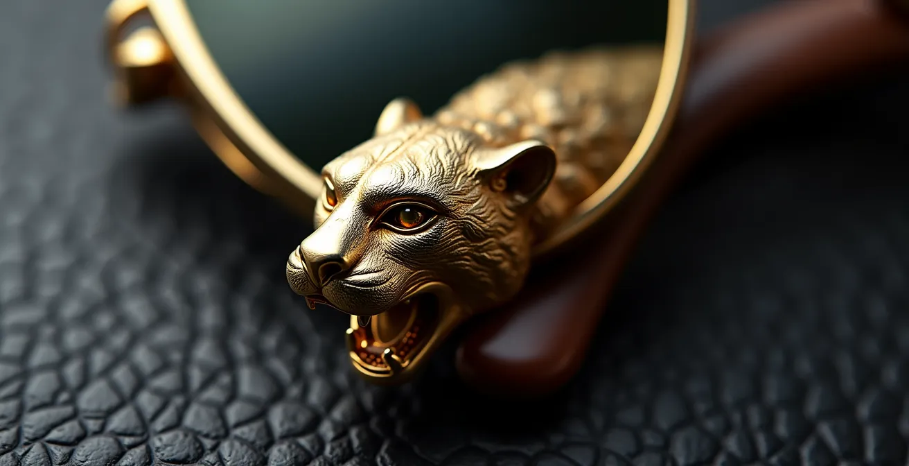 Gros plan sur une tête de panthère sculptée ornant une branche de lunettes dorée