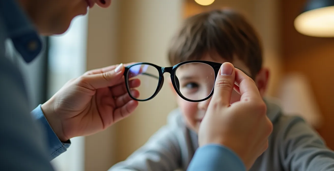 Mains d'opticien ajustant délicatement des lunettes Ray-Ban Junior