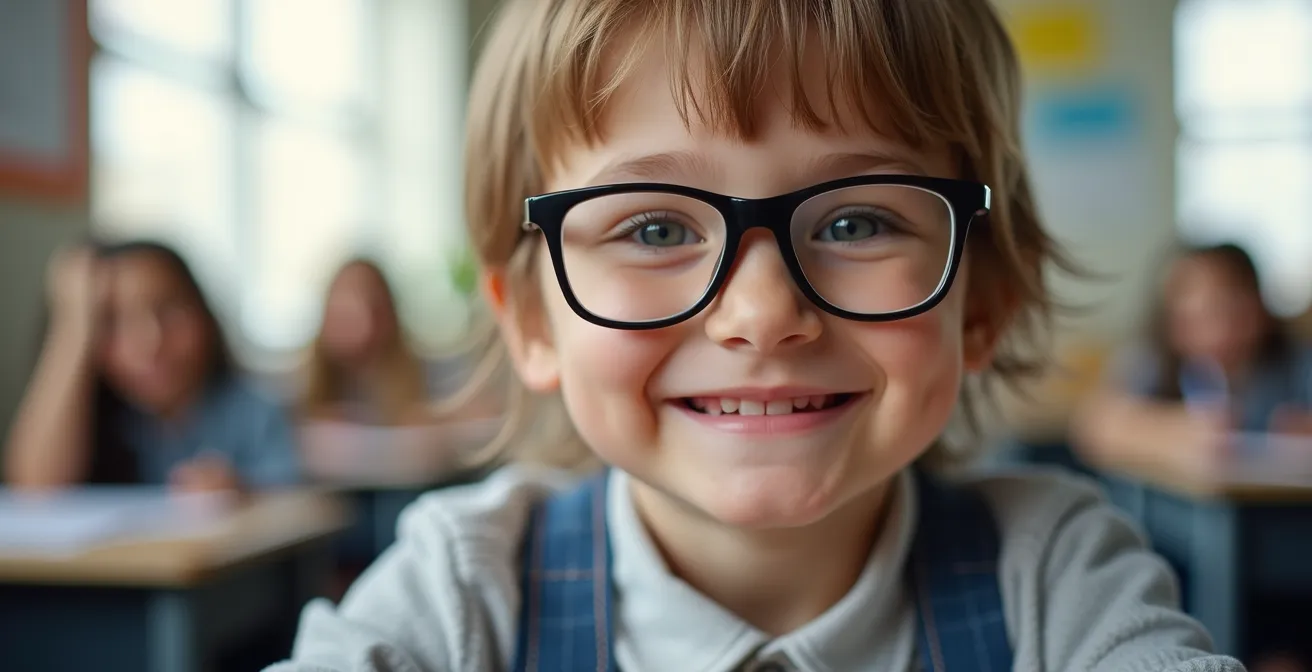 Enfant souriant avec des lunettes bien ajustées en classe