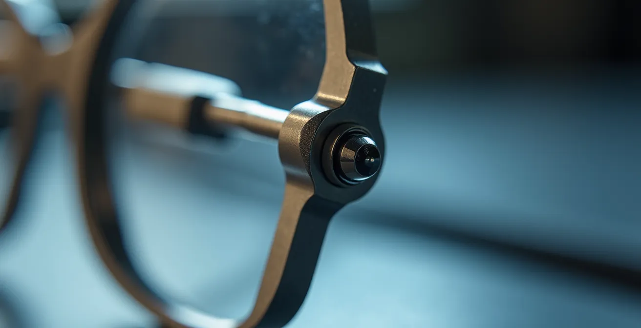 Détail macro d'un test de flexion sur charnière de lunettes enfant