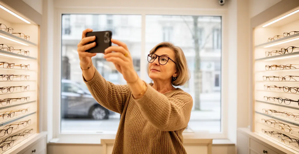 Cliente cinquantenaire testant ses nouvelles lunettes en vérifiant le confort visuel en boutique