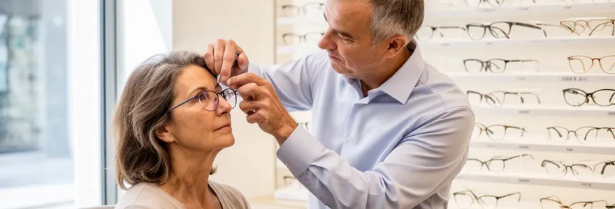 Opticien ajustant les branches de lunettes progressives pour une cliente en boutique