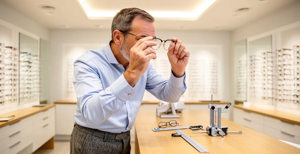 Opticien vérifiant l'angle pantoscopique d'une monture pour verres progressifs