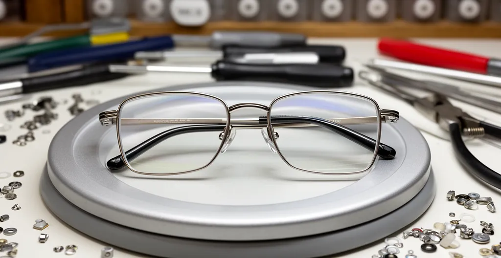 Outils d'ajustage et lunettes progressives sur plateau technique d'opticien