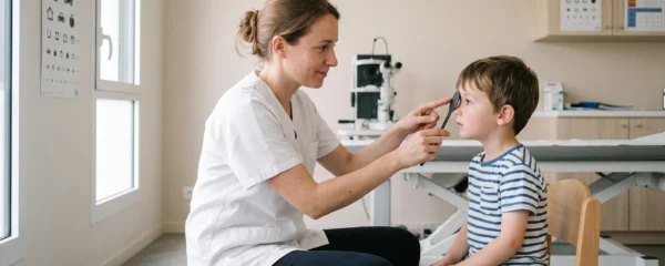 Une orthoptiste effectue un dépistage visuel sur un jeune enfant dans un cabinet d'ophtalmologie pédiatrique.