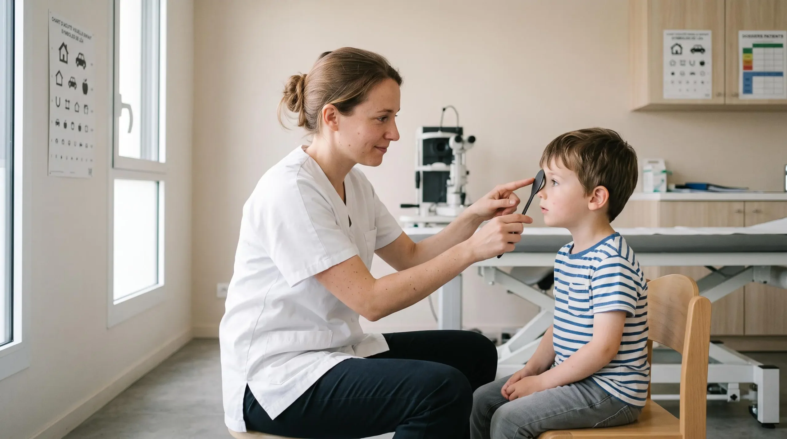 Une orthoptiste effectue un dépistage visuel sur un jeune enfant dans un cabinet d'ophtalmologie pédiatrique.