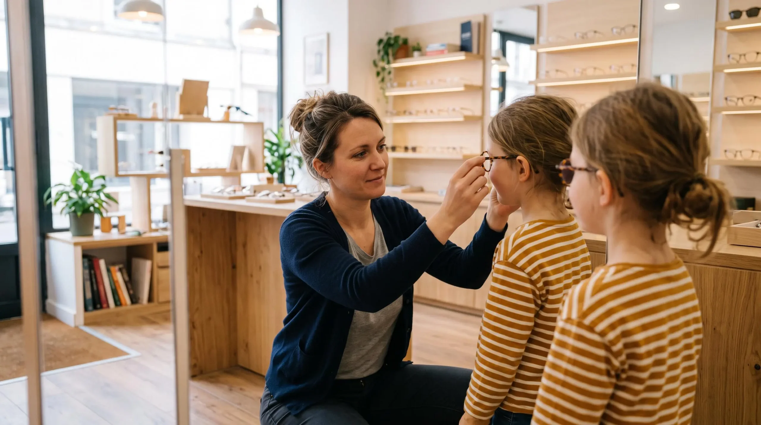 Une opticienne ajuste les premières lunettes d'une petite fille devant un miroir dans un magasin d'optique.