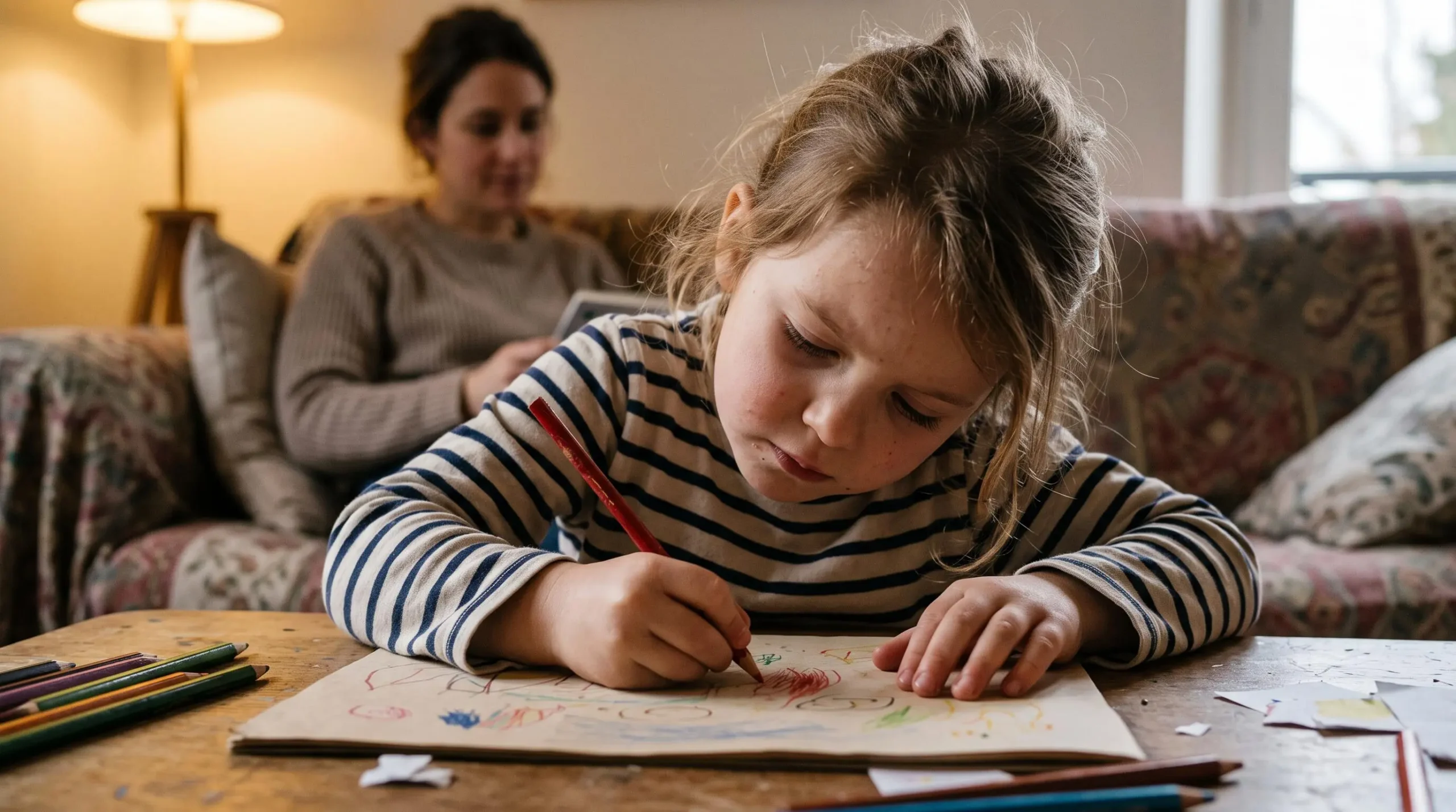 Une petite fille plisse les yeux en dessinant à une table basse dans un salon familial.