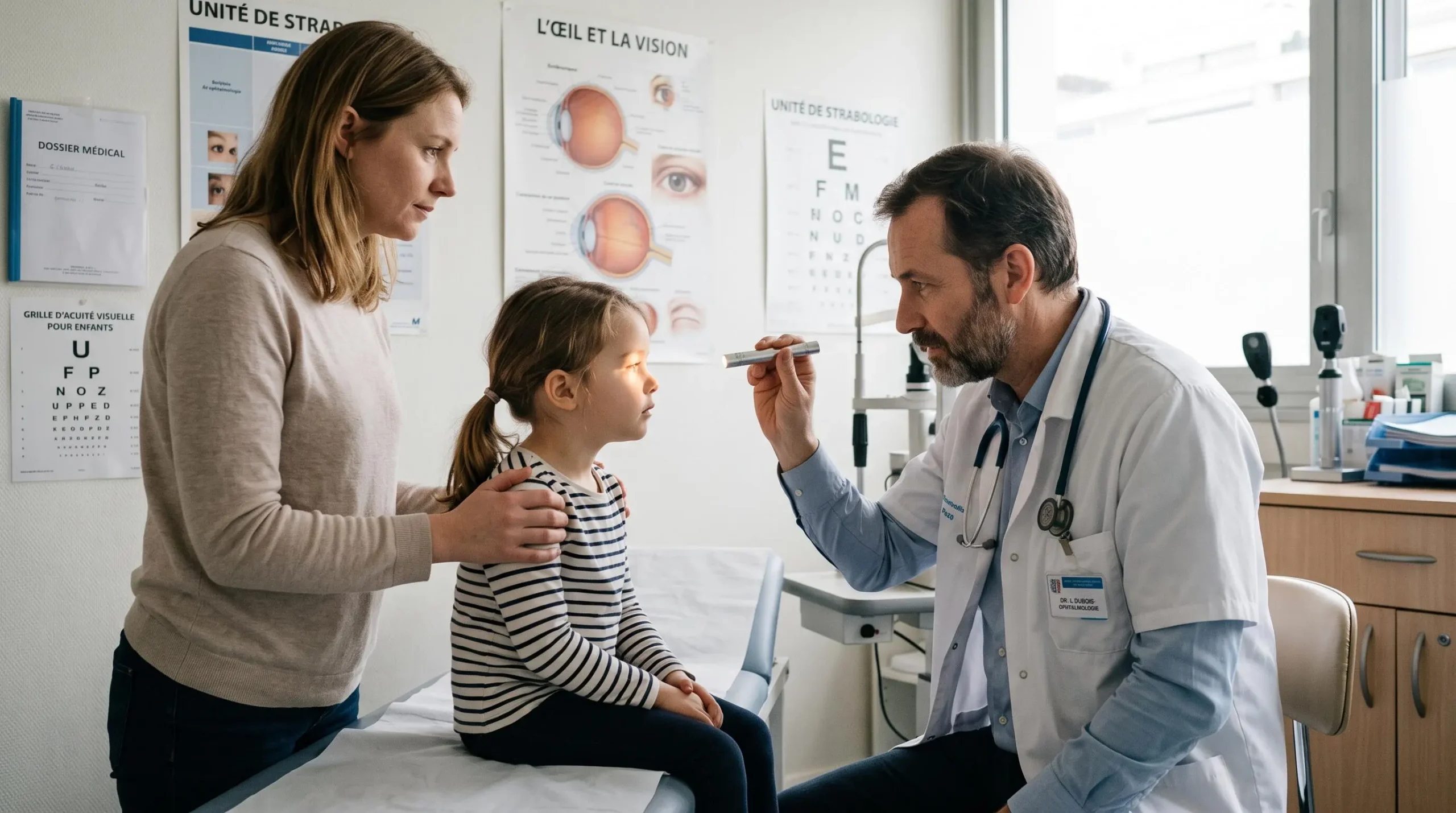 Un ophtalmologiste examine l'alignement des yeux d'un jeune enfant avec une petite lampe dans un service d'ophtalmologie pédiatrique.