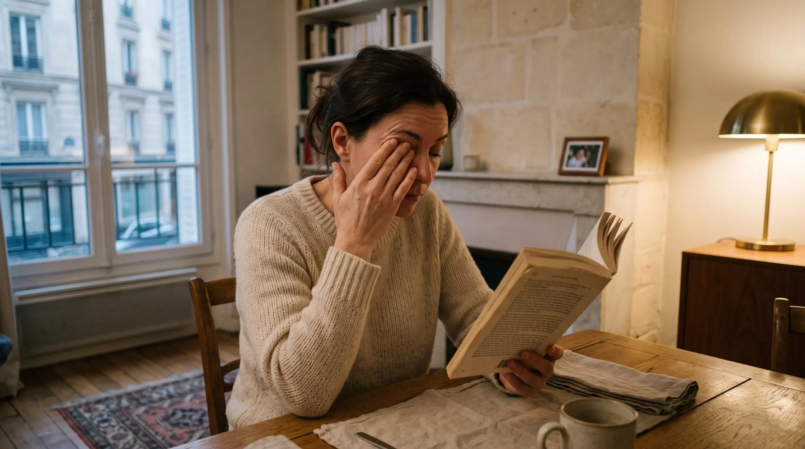 Femme fatiguée se frottant les yeux tout en tenant un livre à distance devant elle, assise à une table chez elle en soirée.
