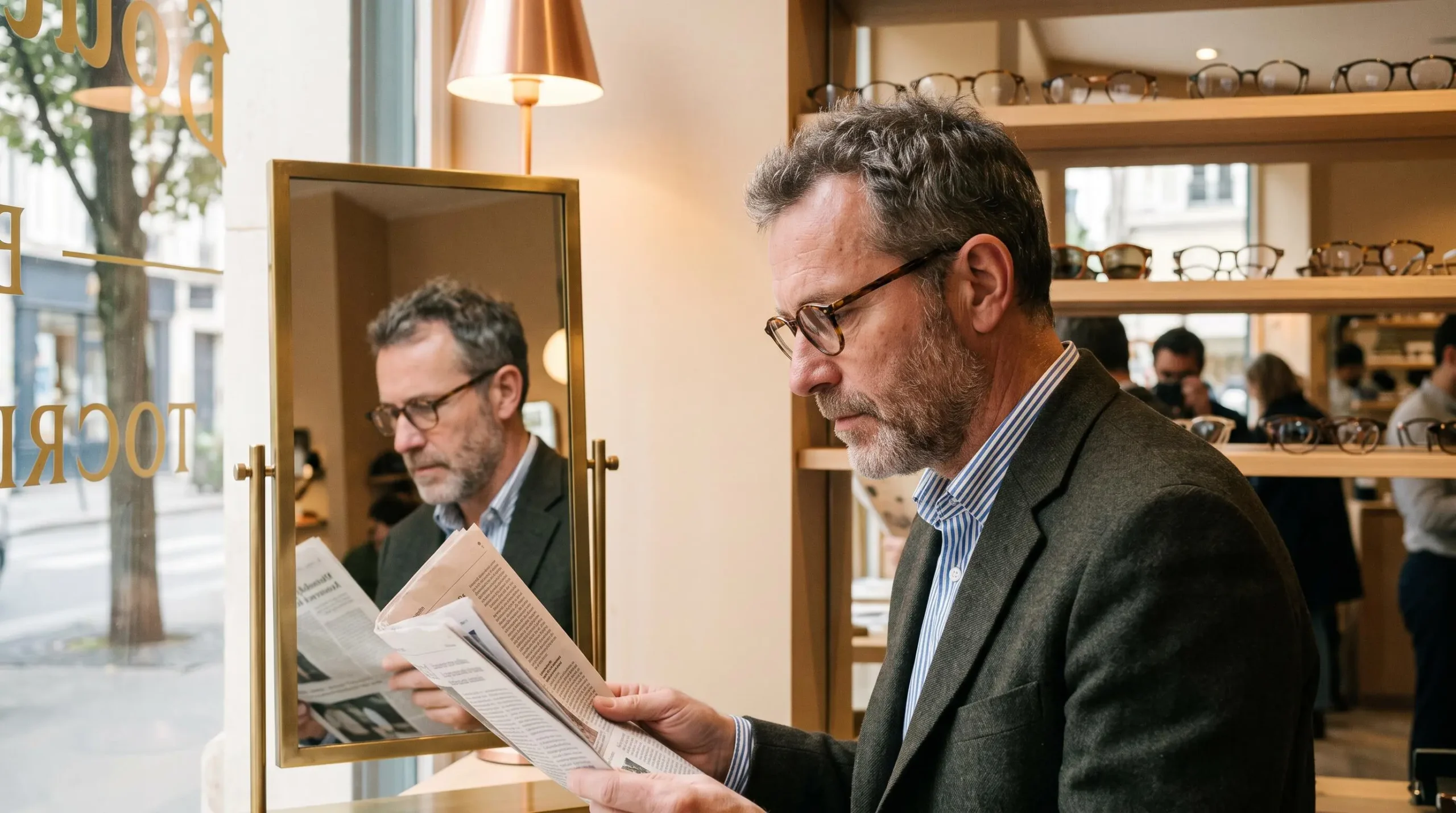 Homme essayant des lunettes devant un miroir tout en lisant un journal dans un magasin d'optique.
