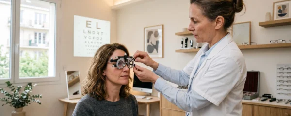 Ophtalmologiste réalisant un examen de réfraction sur une patiente équipée d'un appareil de mesure dans un cabinet médical.