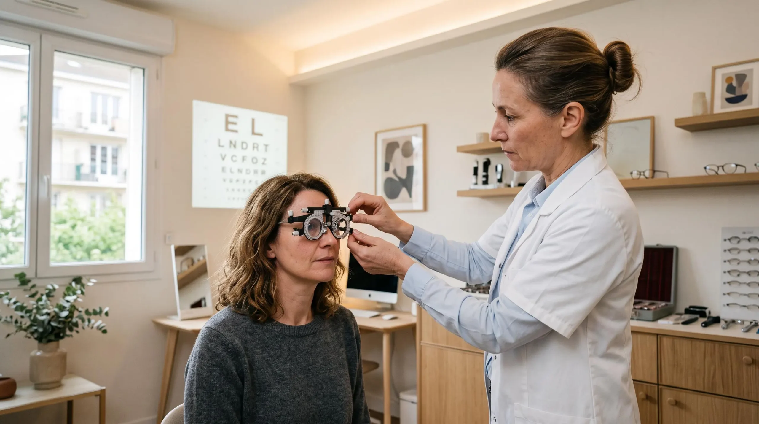 Ophtalmologiste réalisant un examen de réfraction sur une patiente équipée d'un appareil de mesure dans un cabinet médical.