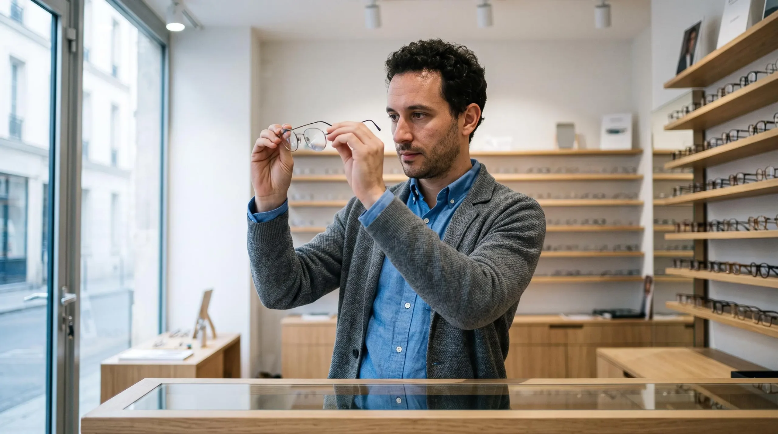Opticien inspectant une paire de lunettes correctrices à la lumière du jour derrière un comptoir de magasin d'optique.